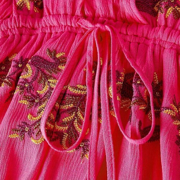 Deep V-Neck Floral Embroidered Batwing Sleeve Dress Hot Pink - Picture 6 of 12